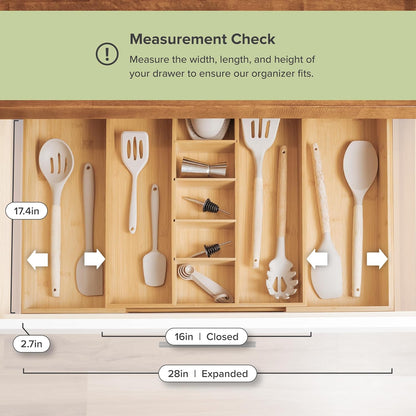 KitchenEdge Adjustable Bamboo Drawer Organizer - Expandable Utensil Storage with 9 Compartments, 28 Inches Wide