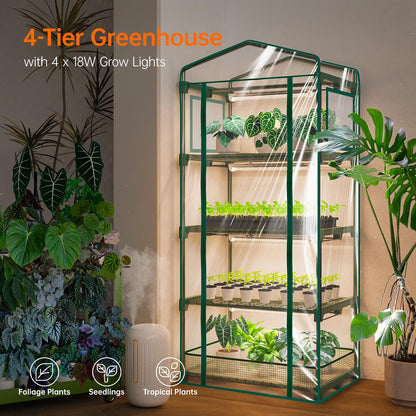 Bstrip Indoor Greenhouse with Grow Lights, PVC Tent with Waterproof Base Mat, Airflow Windows&Zippered Door, 4Pcs Grow Lights for Seed Starting with Timer, 4-Tier Greenhouse Shelf 27.2x19.3x61.8in