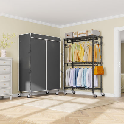 VIPEK R2C Medium Heavy Duty Clothes Rack Rolling Garment Rack with Cover Adjustable Clothing Rack for Hanging Clothes Portable Closets with Double Rods, Black Rack with Black Upgraded Polyester Cover