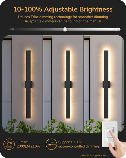 EDISHINE 2 Pack Modern Outdoor Wall Lights, Dimmable 39.4in Linear LED, IP65 Waterproof, Black, Model BD050