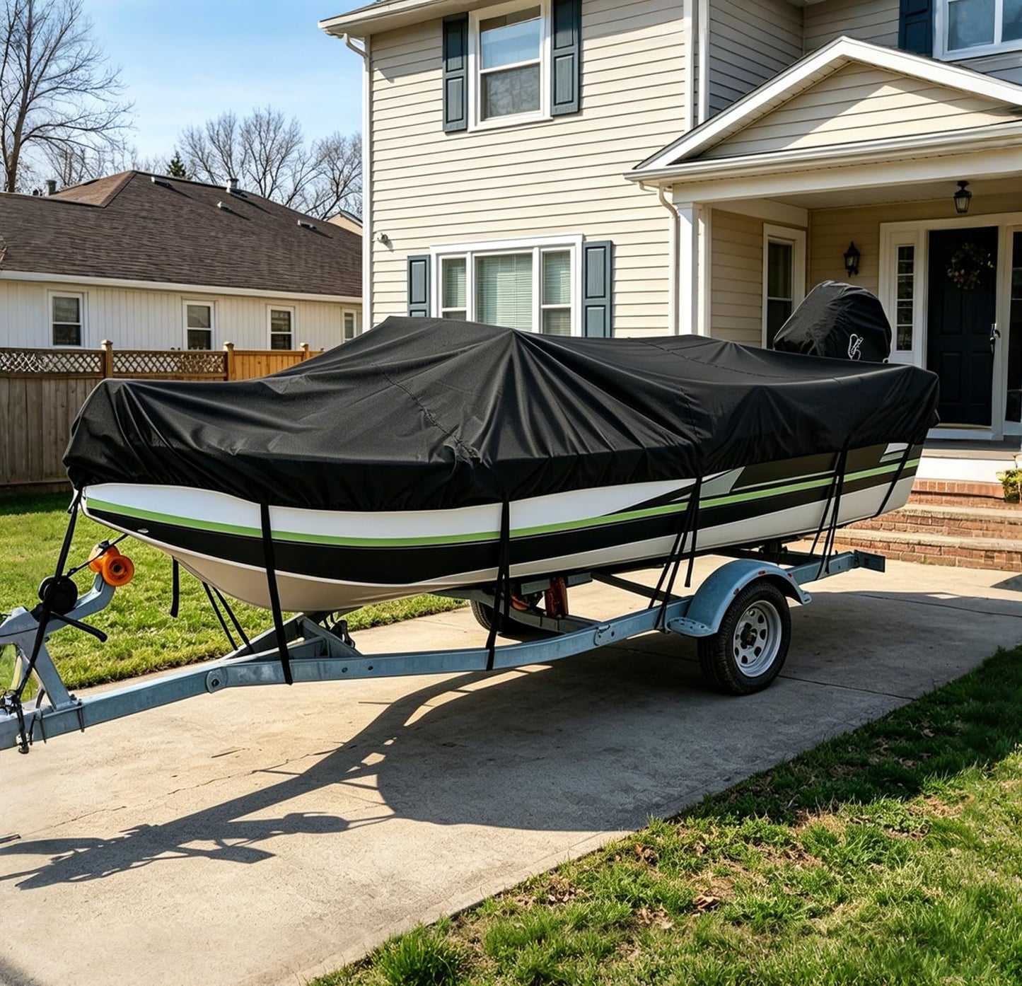 Kipiea 1300D Boat Cover - Heavy Duty Waterproof Boat Covers and Motor Cover, Double PU Waterproof, Fits V-Hull, Fish & Ski, Pro-Style, Bass Boats, Fishing (20'-22' Long X 100" Wide)
