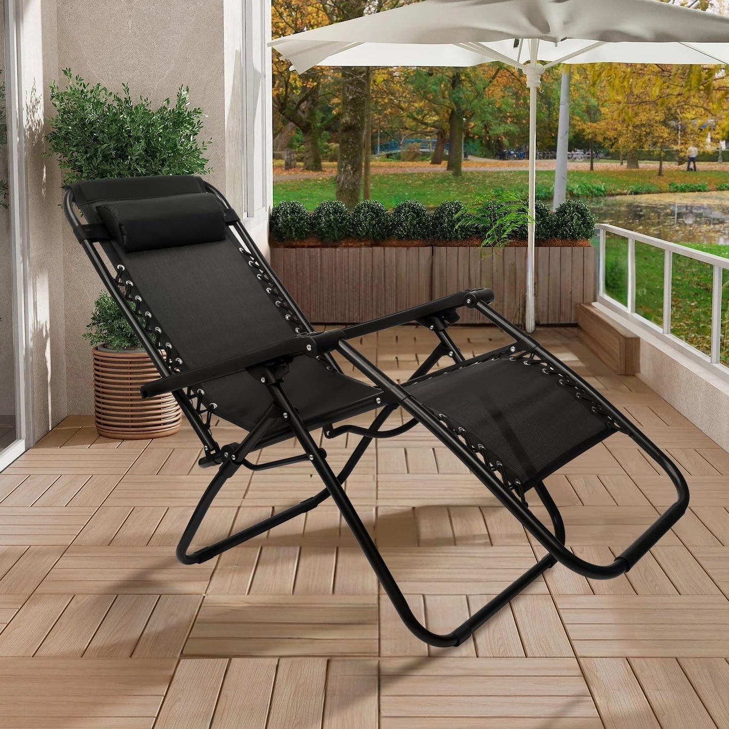 SZHLUX Set of 2 Adjustable Steel Mesh Zero Gravity Lounge Chair Recliners w/Pillows and Cup Holder Trays