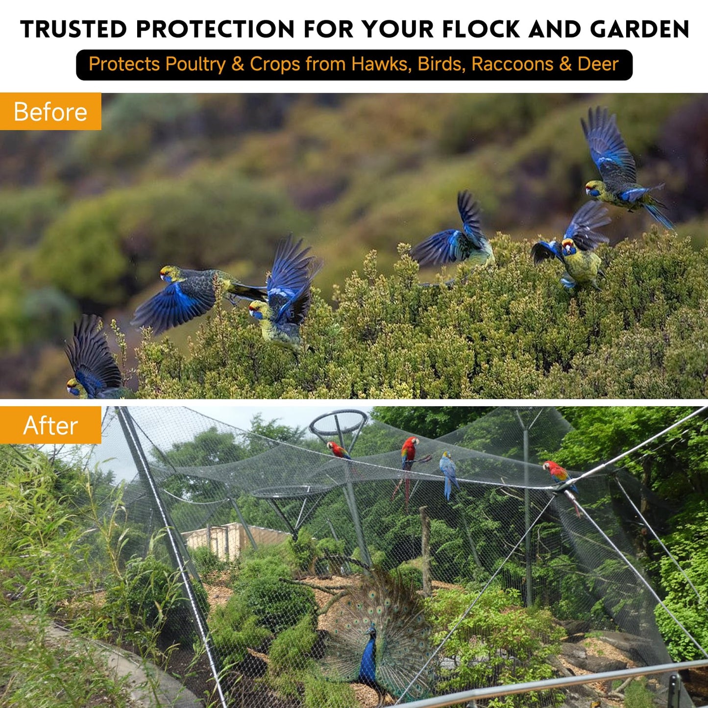 Heavy Duty Bird Netting for Chicken Coop with 1" Mesh, 50x50 ft Reinforced HDPE Poultry Netting, Durable & Reusable Chicken Netting for Hawks, Predator Proof for Farm, Fence, Garden & Orchard