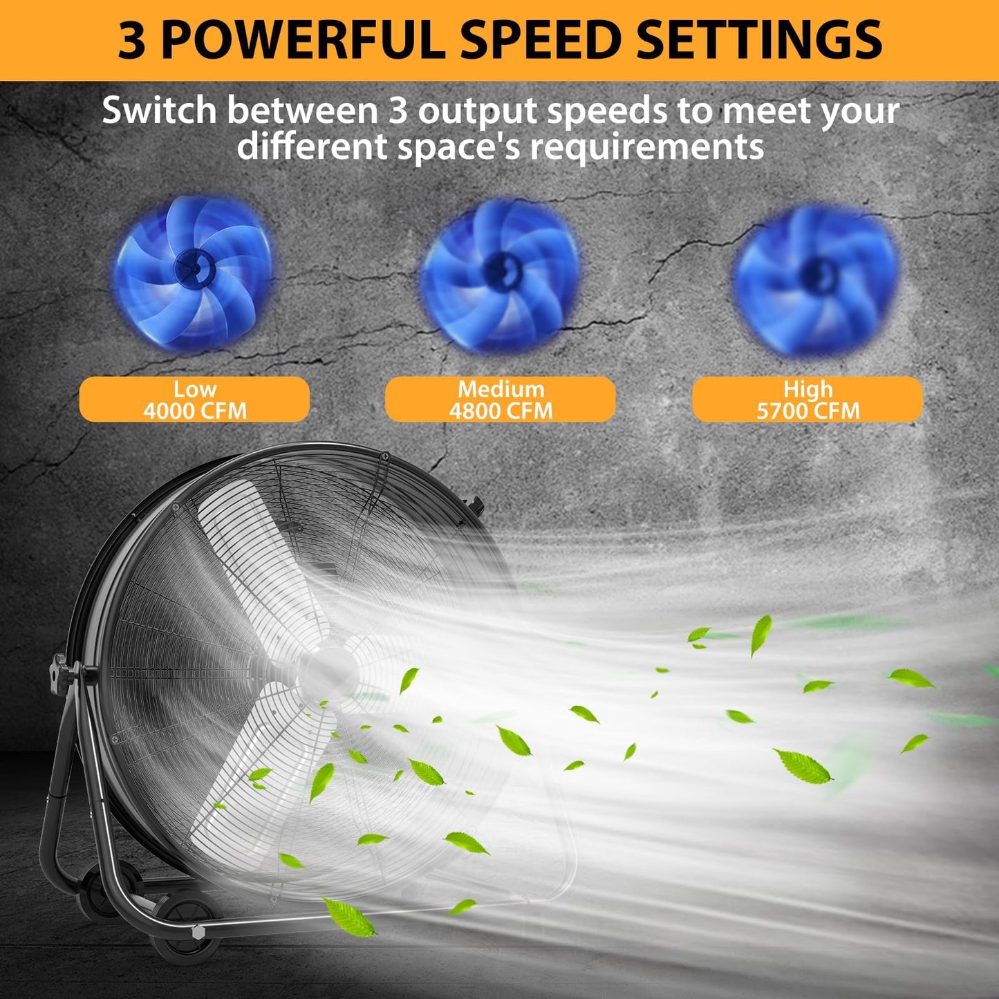 24 in High Velocity Drum Fan, Heavy Duty Industrial Fan, 8800 CFM Floor Fan, 3 Speed Garage Fan, Portable Air Circulator with 360° Tilt, Durable Metal Construction for Warehouse Workshop Jobsite
