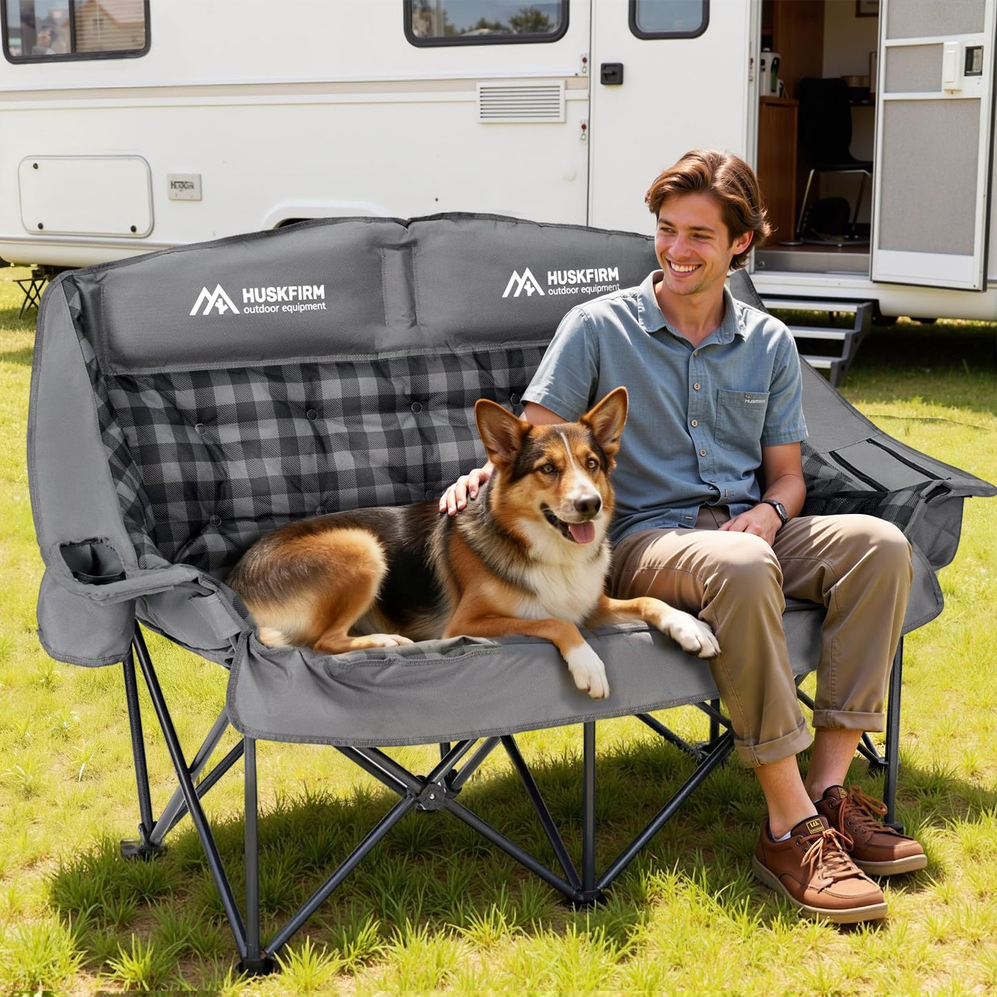 Huskfirm Padded Double Camping Chair High Back 2 Person Camping Chair Oversized Camping Loveseat Support 800LBS Heavy Duty Camping Couch with Cup Holders, Cooler, Carry Bag, Grey