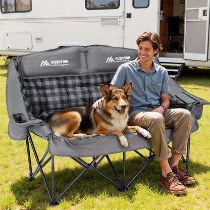 Huskfirm Padded Double Camping Chair High Back 2 Person Camping Chair Oversized Camping Loveseat Support 800LBS Heavy Duty Camping Couch with Cup Holders, Cooler, Carry Bag, Grey