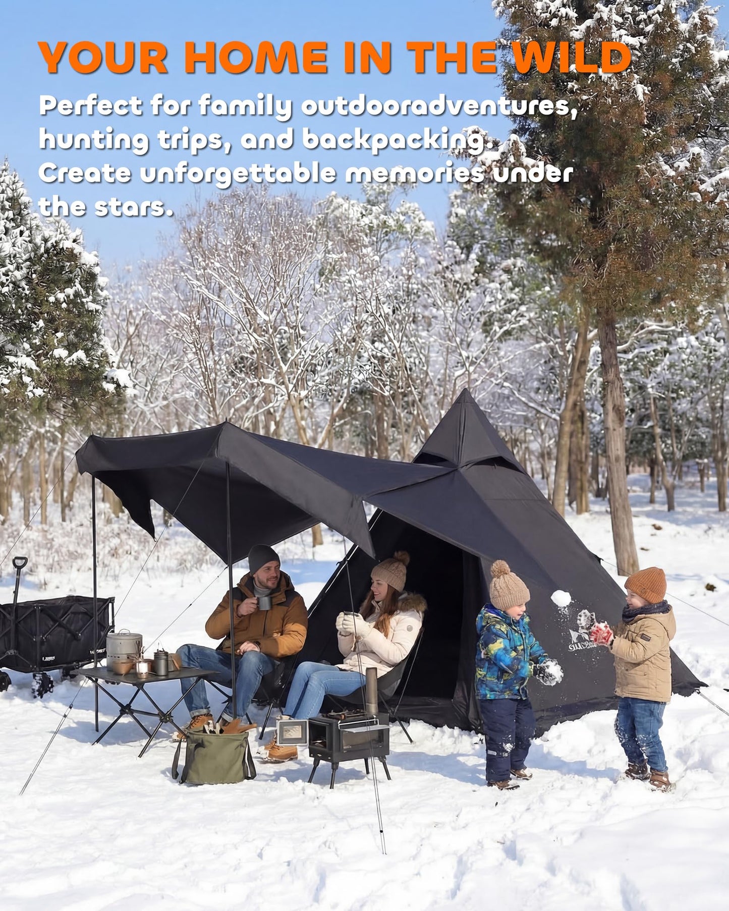 Teepee Camping Tent, 4-6 Person with Snow Skirt, Quick Setup 4 Season Double Layer Waterproof Anti-UV Windproof, for Family Outdoor, Hunting, Backpacking & Hiking, Heavy Duty All-Weather Shelter