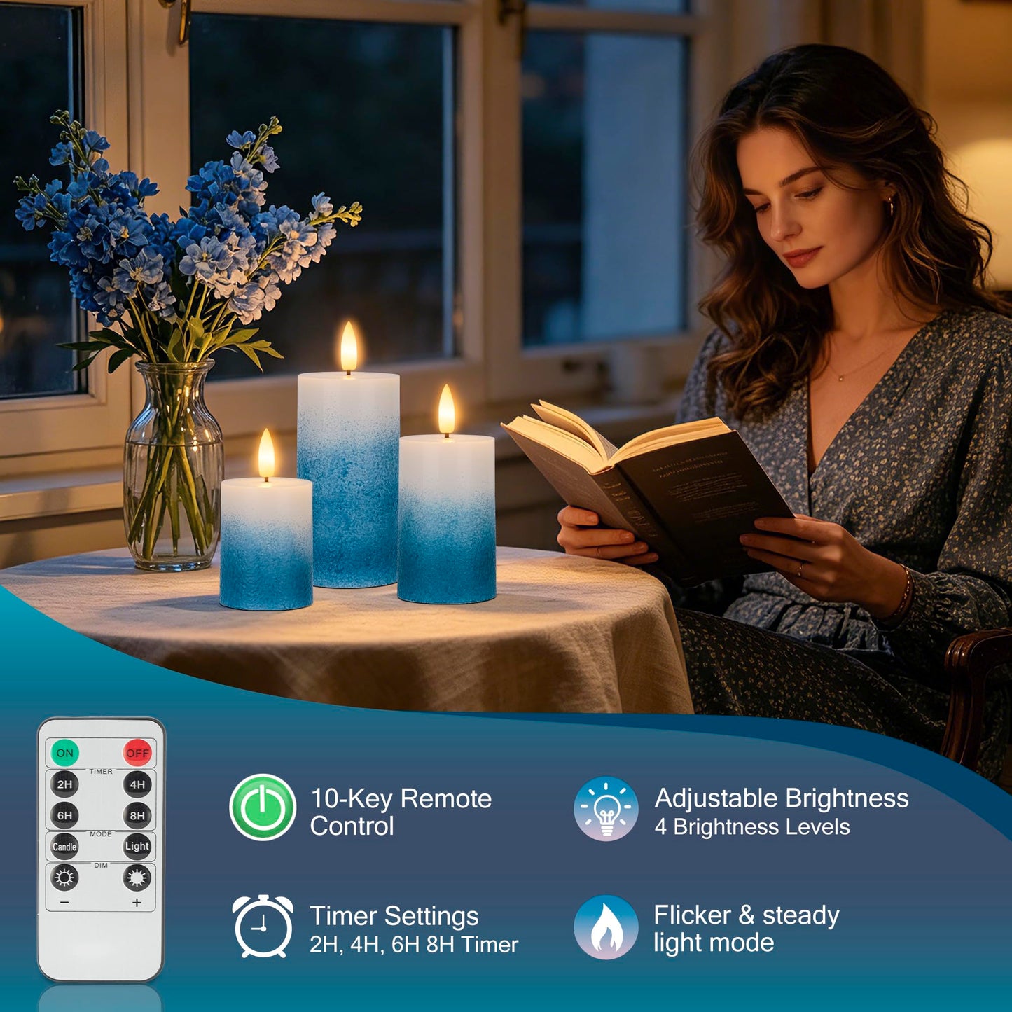 AFINETH Blue Gradient Flameless Pillar Candles, Real Wax LED Candles with Remote & Timer, Battery Operated Decorative Candles for Coastal Home Decor, Set of 3