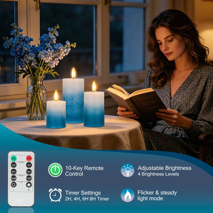 AFINETH Blue Gradient Flameless Pillar Candles, Real Wax LED Candles with Remote & Timer, Battery Operated Decorative Candles for Coastal Home Decor, Set of 3
