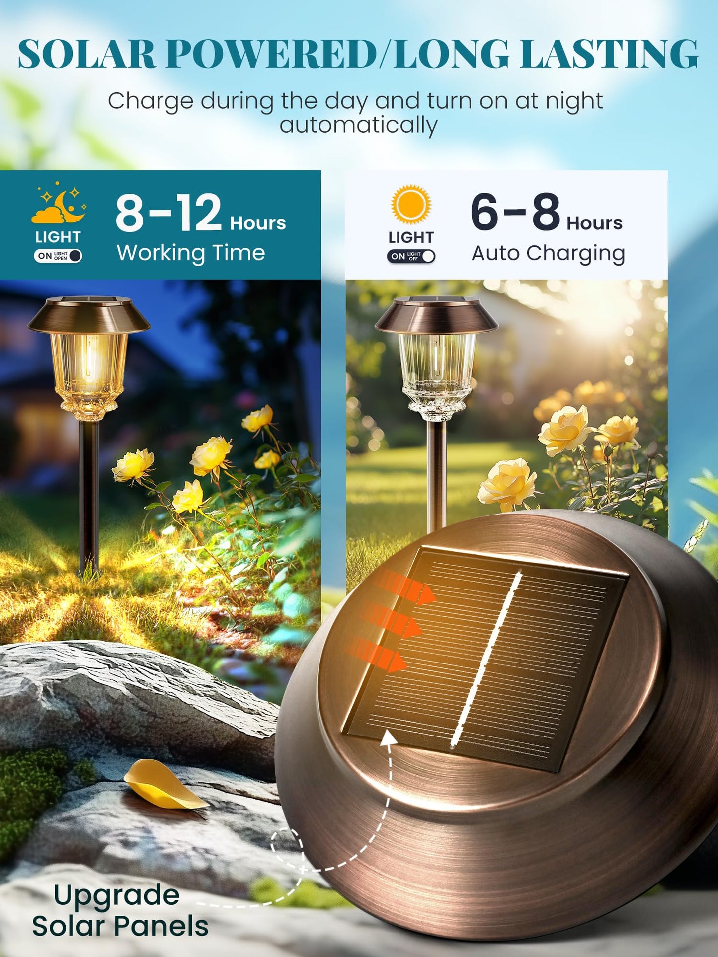 HMDecor Solar Lights Outdoor Waterproof,6 Pack Bronze Pathway Lights with 10-40 LM Dimmable Glass and Metal, Solar Powered Garden Fall Decor for Yard,Patio,Pathway,Driveway(Warm White)