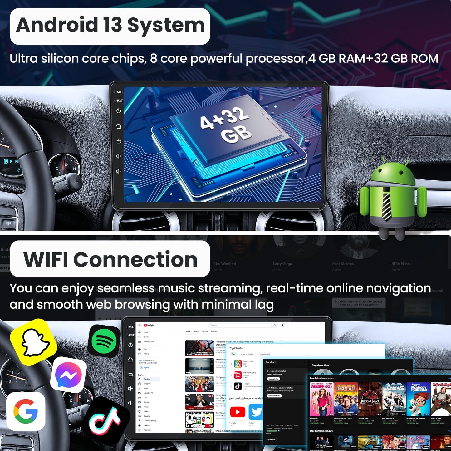 Car Stereo Radio for Jeep Wrangler JK 2007-2017 Grand Cherokee Compass, Android 13 4GB+32GB 10.1 inch Touchscreen with Wireless CarPlay Android Auto, GPS, WiFi, AM/FM, Backup Camera