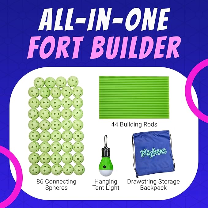 Playbees Glow in The Dark Fort Building Kit – 130 PCS STEM Toy for Kids Ages 4–12 – Build Tents Castles &amp Rockets – Creative Building Set &amp Great Gift
