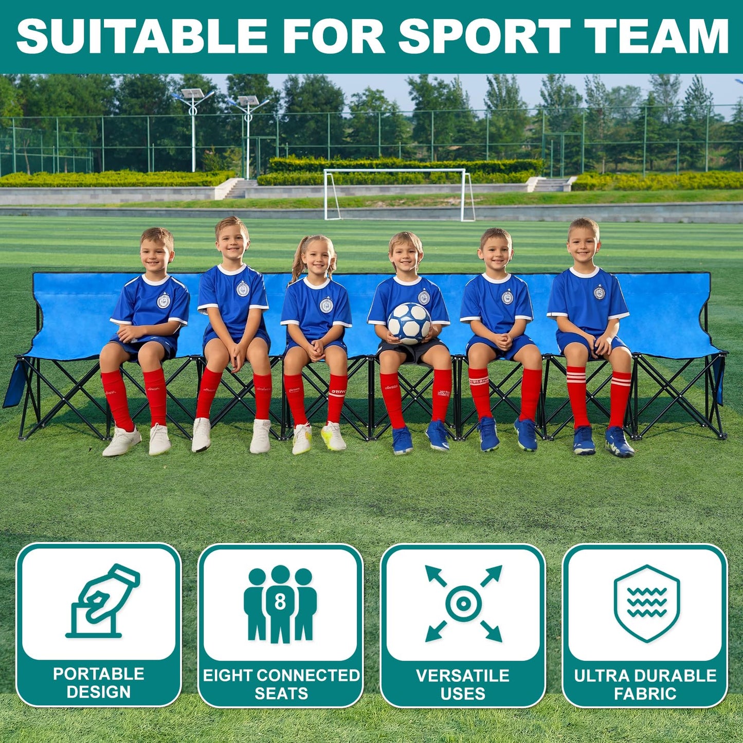 1MORE Portable Folding Bench, Foldable Sideline Bench for Team, 8 Seats Outdoor Camping Chair with Carry Bag & Backrest, Team Sport Sideline Bench for Football,Soccer, Fishing. Blue