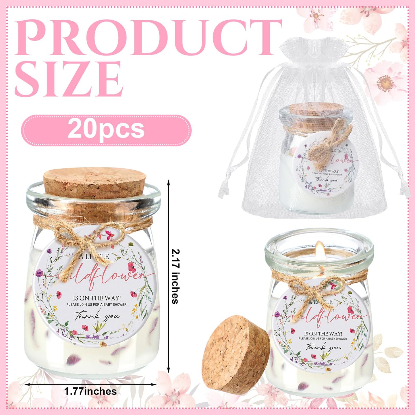 Threlaco 20 Pcs Wildflowers Baby Shower Favors Party Candle Lavender Scented Glass Mason Jar Wax Candle Bulk for Guests Girl Boy Gender Reveal Party Gifts(Colorful)