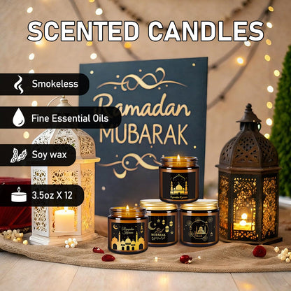 12pack Ramadan Scented Candles 3.5oz Soy Wax，Muslim Islamic Party Favors Gifts Glass Jar Candles for Home Happy Eid Festival Decor(Brown,Pattern)