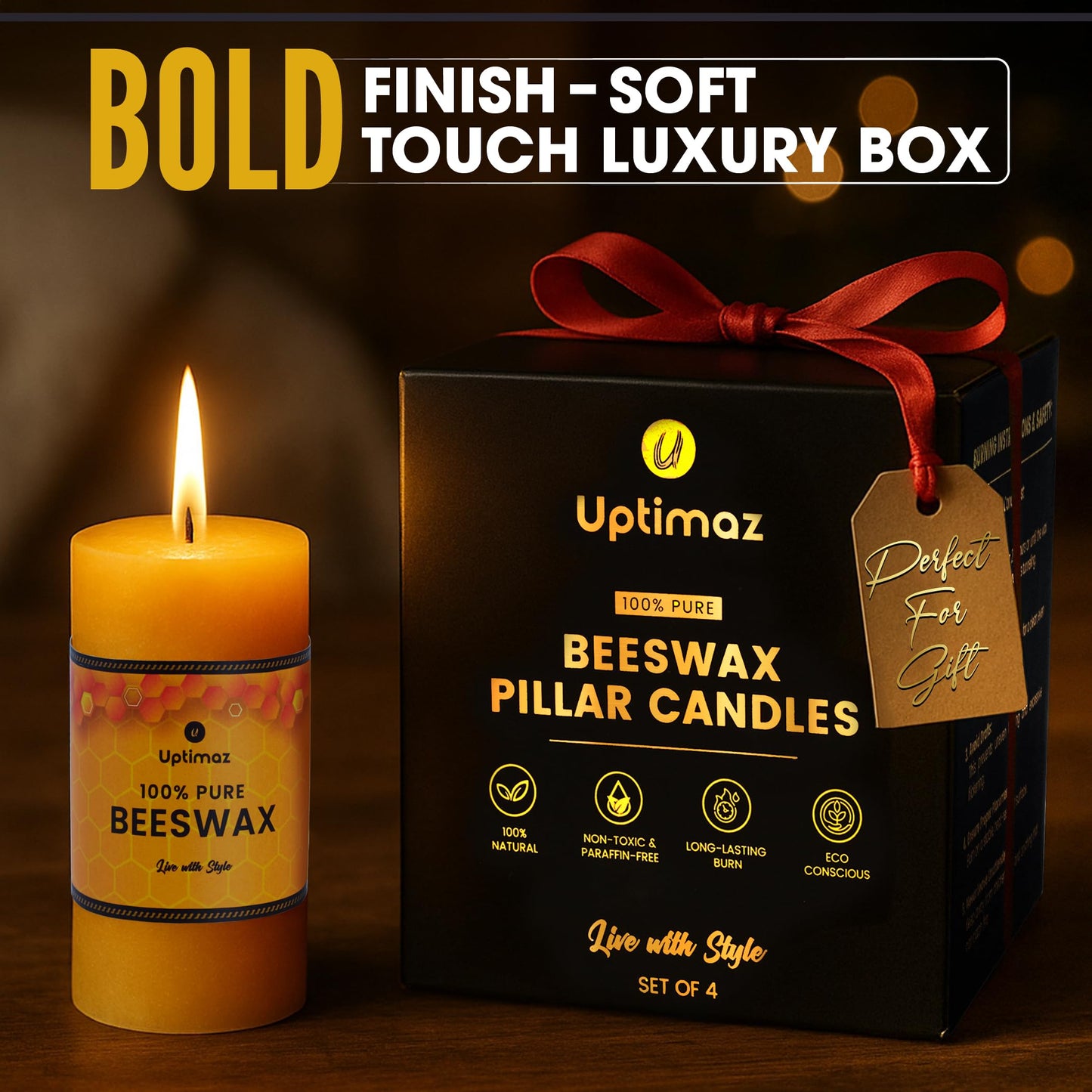 Uptimaz Beeswax Pillar Candles Set of 4, 2x4 Inch, 100% Beeswax Candle with Cotton Wick, Long Burning, Dripless Candle Bees Wax for Home, Décor, Prayer, Emergency