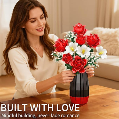 Rose Flowers Bouquet Building Set with Vase Included 1077 PCS Artificial Flowers Botanical Collection Kit for Adults Women Men &amp Teen Girl Mother's Day Birthday Gifts for Mom Her Wife Girlfriend