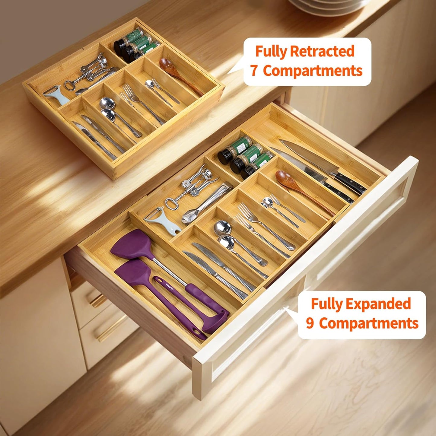 Utoplike Extra Large Bamboo Drawer Organizer - Expandable Utensil Holder with 7-9 Slots