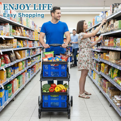 Collapsible Shopping Cart on Wheels, Folding Shopping Cart with 360° Swivel Wheels, Multi Use Utility Cart Adjustable Portable Trolley with 2 Storage Crate, Used for Picnic, Supermarket, Blue