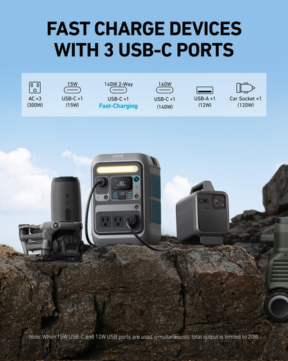 Anker Portable Power Station SOLIX C300, 288Wh LiFePO4 Backup Battery, 300W Solar Generator, 140W Two-Way Fast Charging, for Camping, Hunting, Travel, Blackout & Emergencies (Solar Panel Optional)