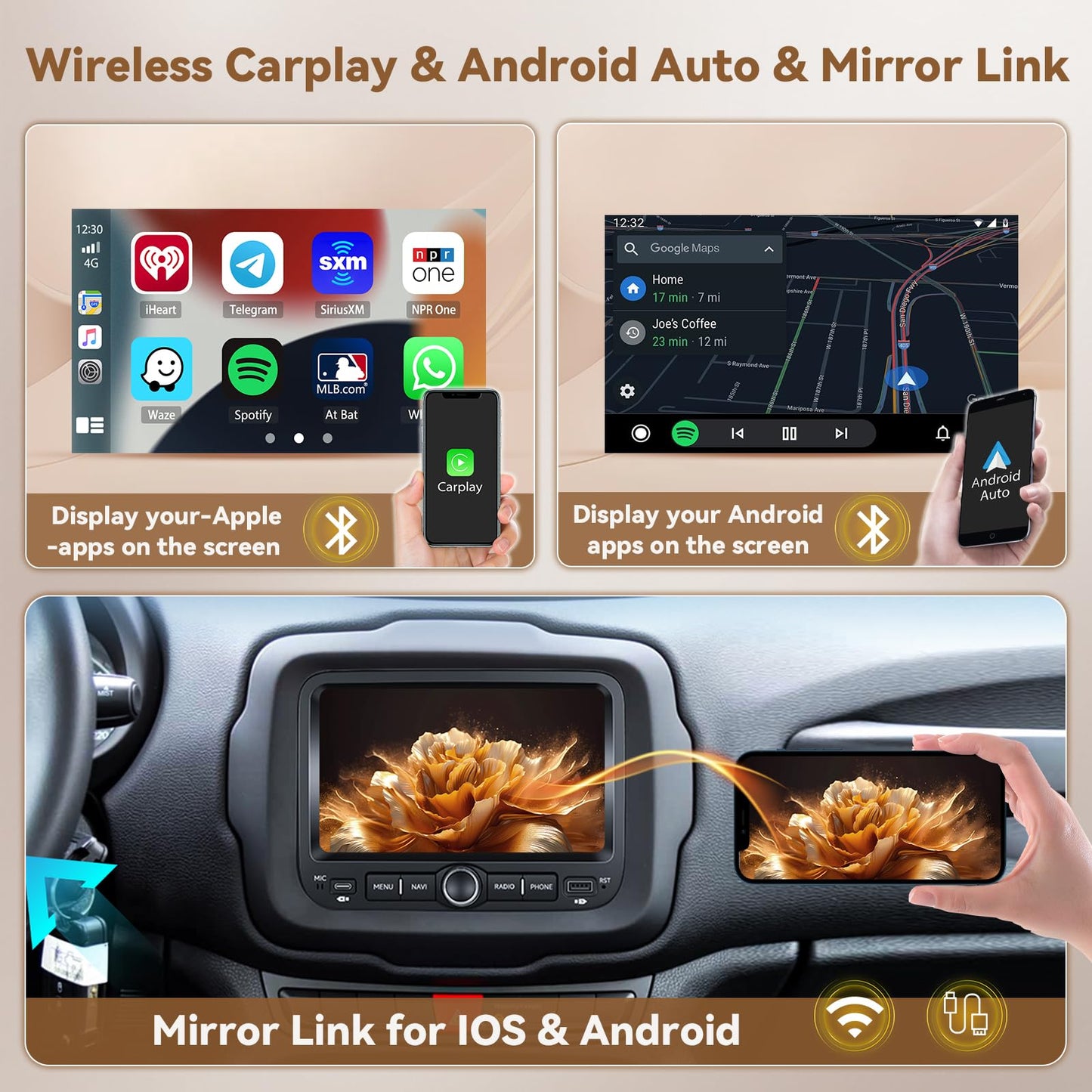[4+128G] Hikity Android 15 Car Stereo for Jeep Renegade 2016-2021/Jeep Compass 2017-2020, 7'' in-Cell Touchscreen Radio Wireless Carplay Android Auto WiFi/BT/Mirror Link GPS SWC FM/EQ Backup Cam+Mic
