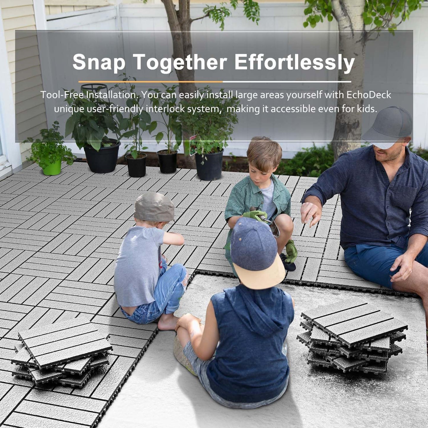 EchoDeck Interlocking Deck Tiles,44 Pack Patio Tiles Outdoor Interlocking All Weather,Patio Deck Tiles,12"x12",Woodgrain,Sturdy Base,Highly Durable,Stylish,Non-Slip,Faster-Drying,Efficient,Dark Grey
