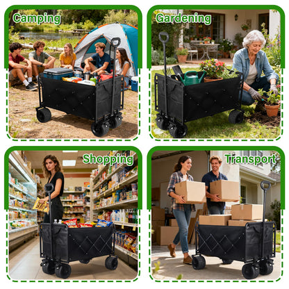 Folding Wagon Cart with All-Terrain Wheels – Heavy Duty Collapsible Utility Wagon for Grocery, Sports, Garden, Camping, Shopping (Black 600LBS)