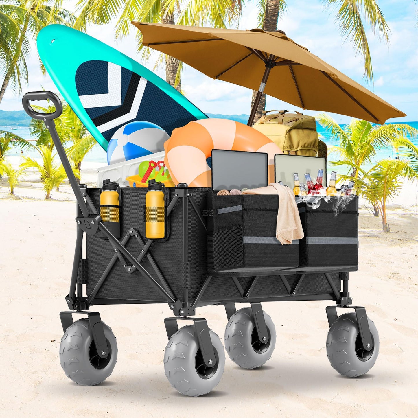 Beach Wagon with Big Wheels for Sand Heavy Duty Collapsible Wagon with 9" All Terrain Inflatable Tires, Foldable Beach Cart for Camping Outdoor Grocery Shopping Garden Sports