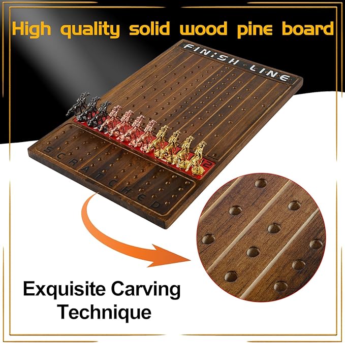 Horse Race Board Game Racing Game Thickened Solid Wood with 11 Luxurious Durable Classic Metal Horses with 2 Dice and 2 Boxes of Cards Horse Racing Game (Rustic Brown Rectangle)