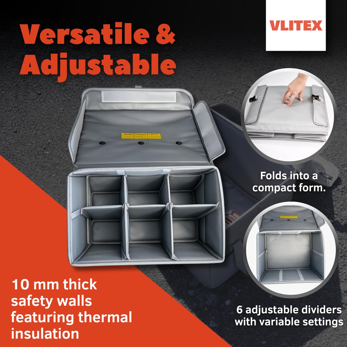 VLITEX Lithium Battery Storage Box XL (Extra Large) | Engineered in Germany | Fireproof E-Fiberglass & Silicone Fabric | Certified Lipo Safe Bag Container