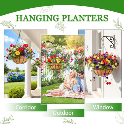 Hanging Planters for Outdoor Plants 4 Pack 14 inch Metal Hanging Flower Basket with Coco Coir Liner Wire Plant Holder Watering Flower Baskets Pot Hanger Garden Decoration for Indoor Outdoor(HBL)