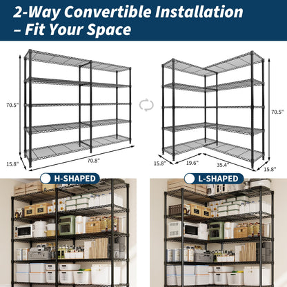 5 Tier Storage Shelving Unit Metal Shelves 70.8"W Wire Shelving, 70.5"H L-Shaped Pantry Shelves Kitchen Storage Shelves for Home Commercial Garage Heavy Duty, 70.8"H x 70.5"W x 15.8"D