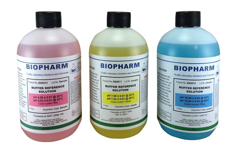 pH Buffer Calibration Solution 3-Pack: pH 4.00, pH 7.00, pH 10.00 Buffers — 500 mL (1.06 Pint) Each — Color Coded — NIST Traceable for All pH Meters
