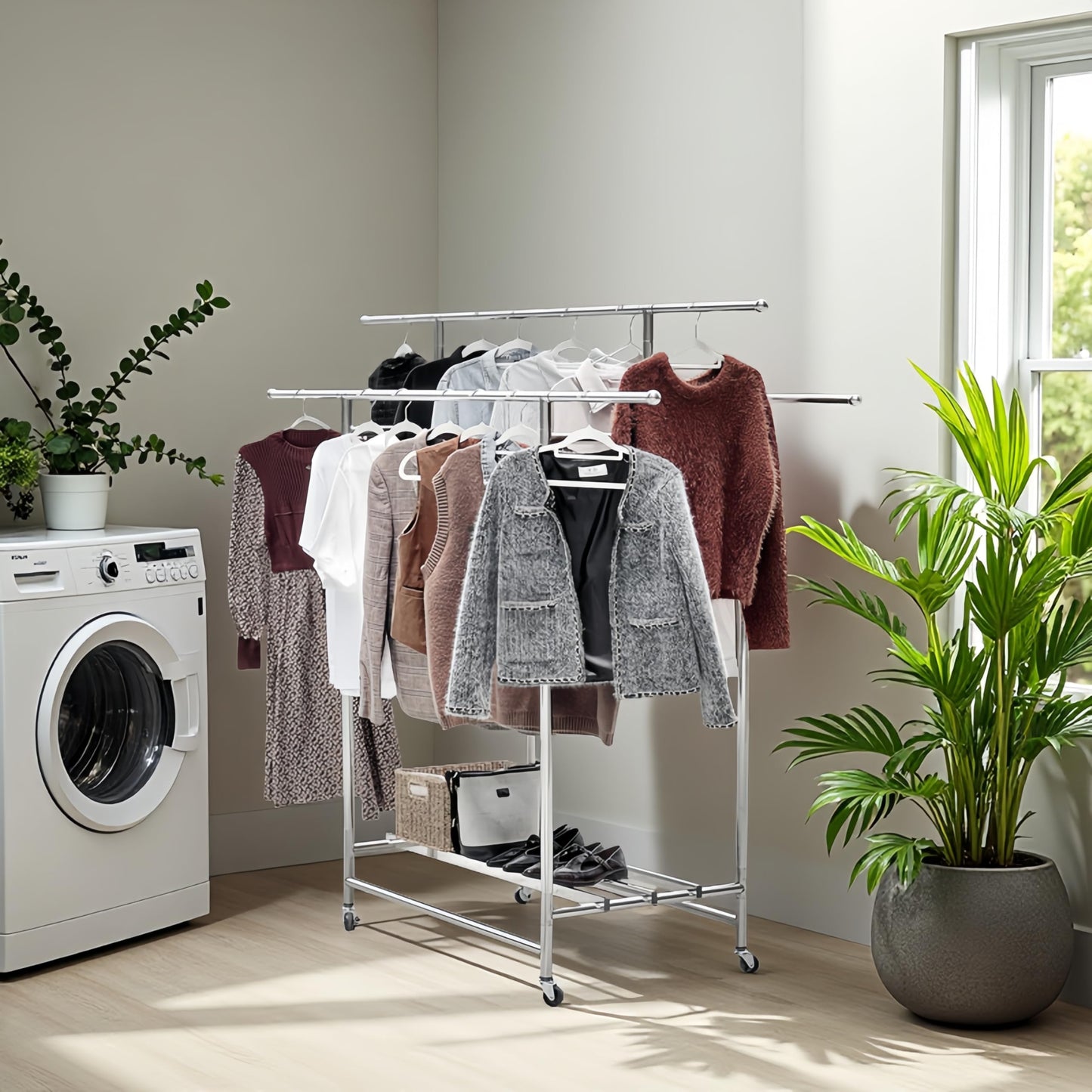 Roeveca Stainless Steel Clothes Rack, 3-Rod Garment Rack for Hanging Clothes with 4 Wheels Load 600 LBS