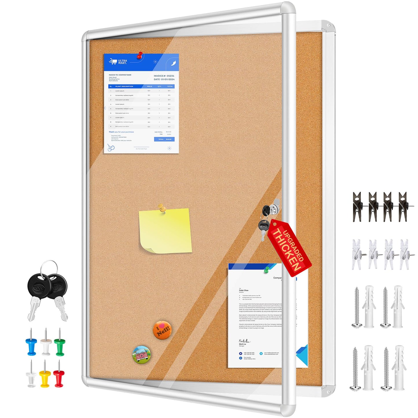 Magula 38"x28" Enclosed Bulletin Board Tamper-Proof Dispaly Case, Aluminium Frame, Shatter Resistant Lockable Bulletin Board, Enclosed Cork Board for School, Office, Commercial, Hospital etc