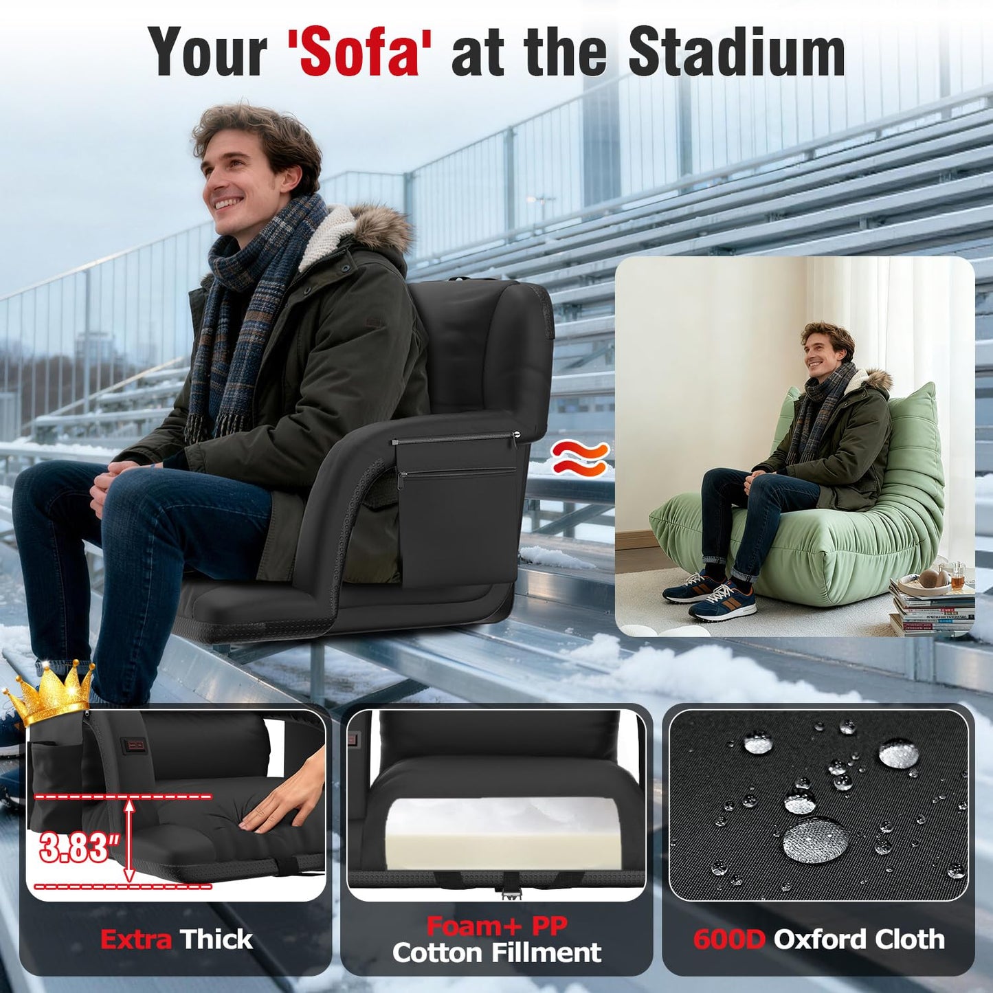 Suteck Extra Wide Heated Stadium Seats with Back Support 2 Pack, Portable Sofa Style Bleacher Chair with Back and Cushion, Armrest, Ideal for Outdoor Stadiums and Events -25" Wide