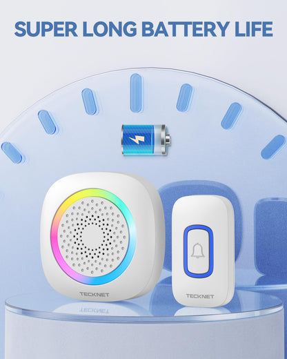 TECKNET Plug-in Wireless Doorbell with RGB Lighting & 1300 Feet Range,IP66 Waterproof Doorbell for Home/Classroom/Office/Business,60 Chimes,5-Level Volume,4.5-Year Battery Life(White)