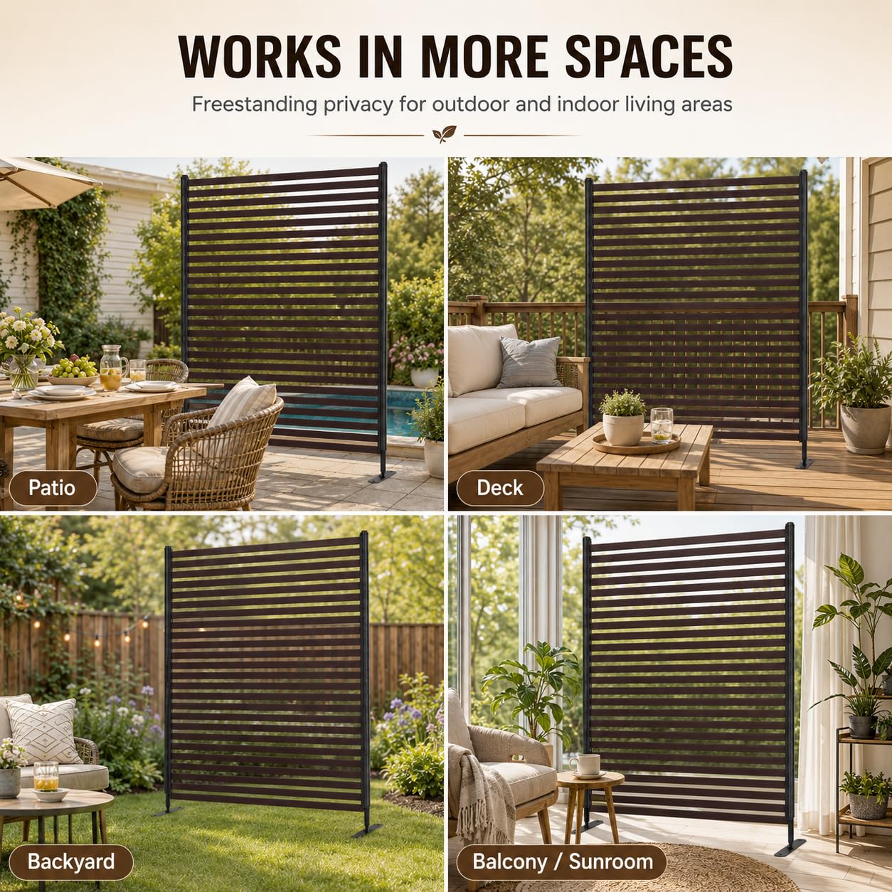 Metal Outdoor Privacy Screen Freestanding, 3 ft W x 6 ft H Rustproof Steel Pipes and Slats Panels, Decoative Privacy Screen Fence Panels Freestanding for Outside Patio Garden Backyard, Brown