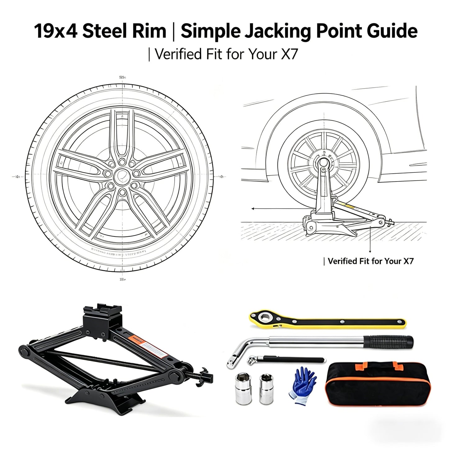 Spare Tire Kit Compatible with 2018-2026 BMW X7 (G07),155/80R19 Spare Wheel on 19x4 Rim | 28.7" Rolling Diameter | Includes Car Jack Kit & Tire Carrying Case (Except for M Sport, M Power models)