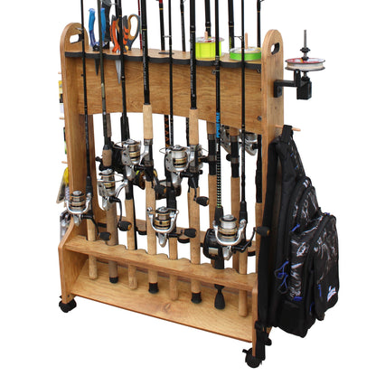 Rush Creek Creations 16-Rod Rolling Fishing Rod Rack with Line Spooler – Tackle Storage, Tool Holder, Lure & Line Organizer, Accessory Pegs – Portable Gear Station for Anglers