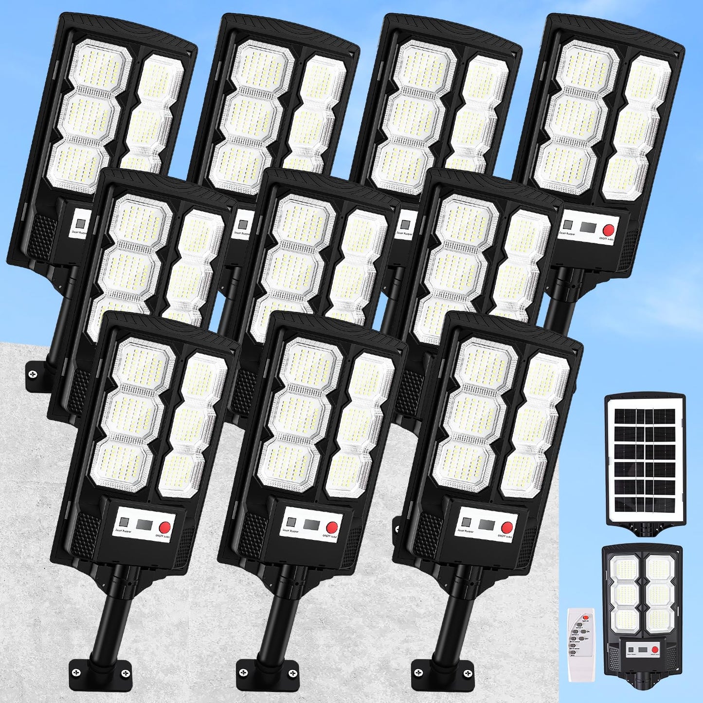 Solar Lights Outdoor Waterproof, 11inch LED Dusk to Dawn Solar Street Light, Solar-Powered Flood Lights with Motion Sensor and Remote Control, Solares Parking Lot Lights for Yard Walkway, 10-Pack
