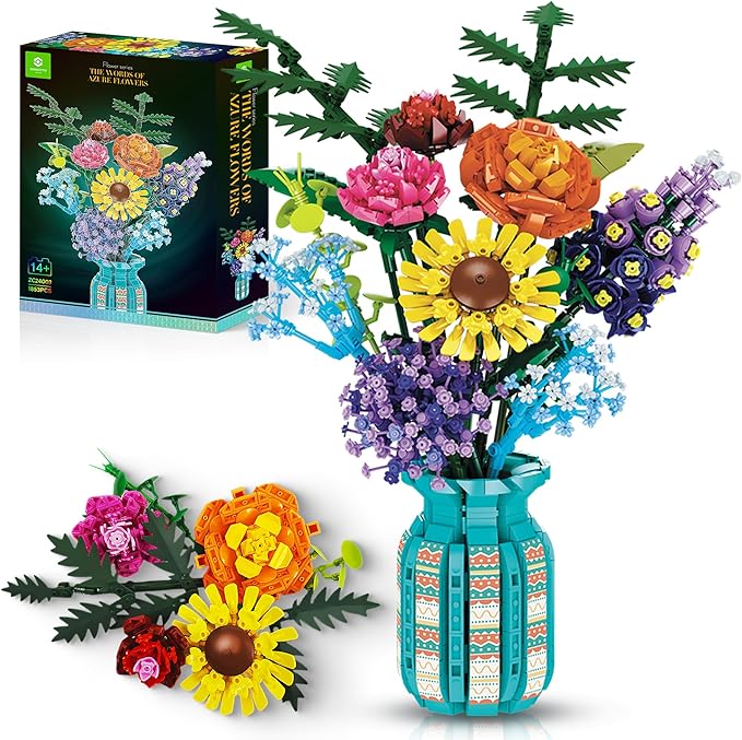 Flowers Bouquet Toys Building Blocks Set with Vase Roses Sunflower Hyacinth Hydrangea Artificial Plants for Adults Teen Girls Home Office Decor- 1853pcs