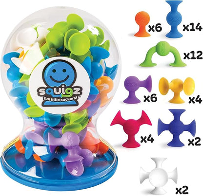 Fat Brain Toys Squigz Deluxe Set - 50-Piece Suction Construction Toys Suction Bath Toys Sensory Toys for Kids 3 and Up