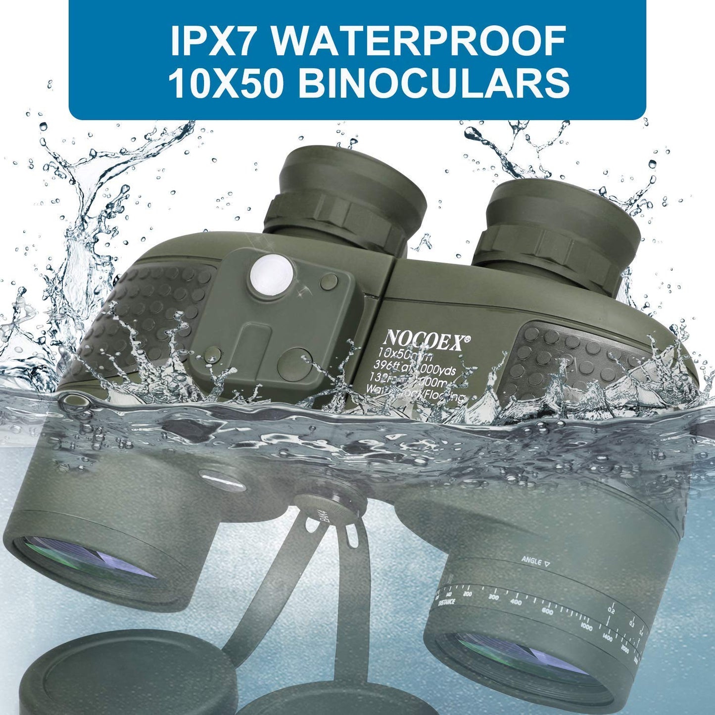 NOCOEX 10x50 Marine Binoculars for Adults, Military Binoculars Waterproof with Rangefinder Compass BAK4 Prism FMC Lens Fogproof for Navigation Boating Fishing Water Sports Hunting