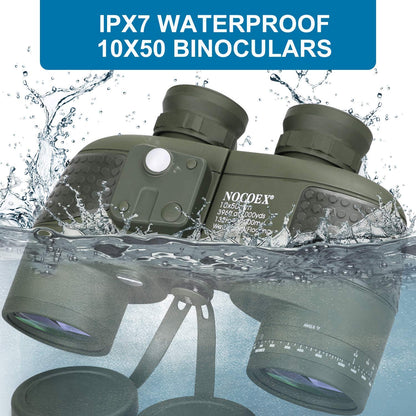 NOCOEX 10x50 Marine Binoculars for Adults, Military Binoculars Waterproof with Rangefinder Compass BAK4 Prism FMC Lens Fogproof for Navigation Boating Fishing Water Sports Hunting