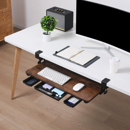 Keyboard Tray Under Desk with Drawer,26.77" X 11.81"Large Size Keyboard Tray with C Clamp-on Mount, Easy to Install, for Home Office (Mahogany)