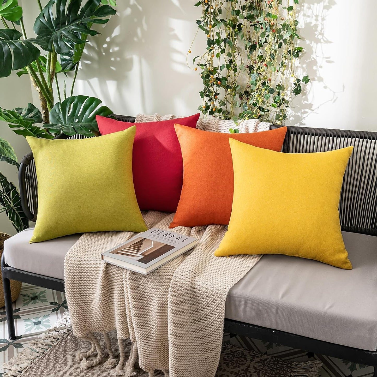 MIULEE Decorative Outdoor Throw Pillow Covers - Waterproof Faux Linen Cushion Cases | 16x16 Inch Mustard Yellow (Pack of 2)