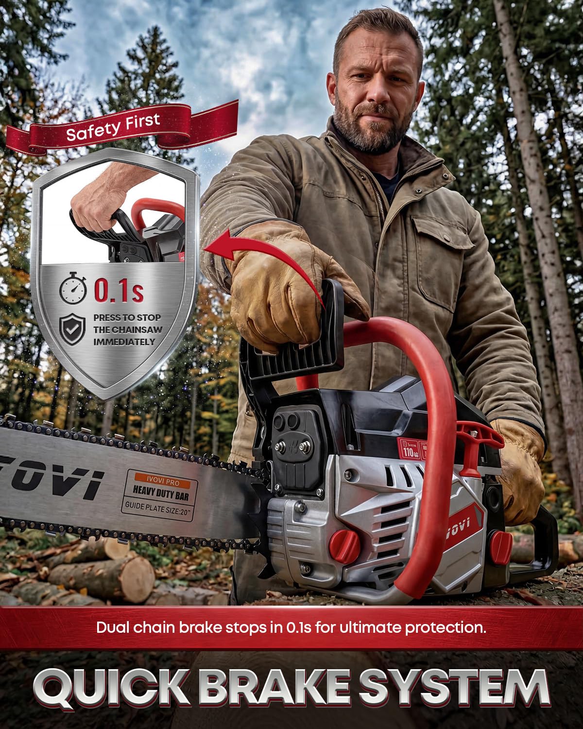 IVOVI 63CC Gas Powered Chainsaw with 20 and 18 Inch Bars, 3.7HP 2-Cycle Engine for Tree Felling, Logging and Firewood Preparation, Includes Portable Carrying Pouch and Tool Kit (Yello)