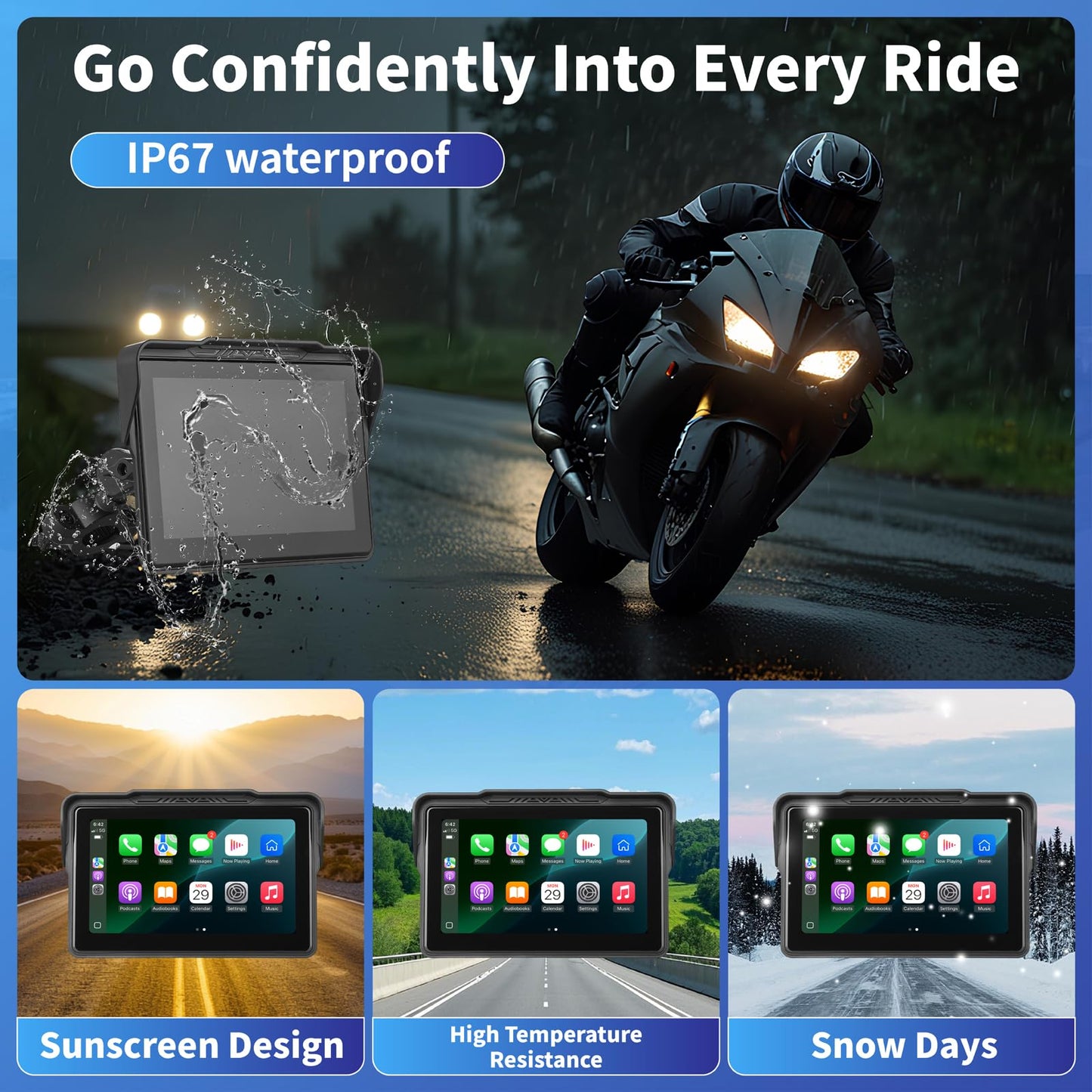 Motorcycle CarPlay Screen 7", Waterproof GPS Display for Motorbike, Wireless CarPlay & Android Auto para Moto, Dual Bluetooth, Touchscreen, Music Sharing Siri (7" Wireless CarPlay) (Dual Camera)