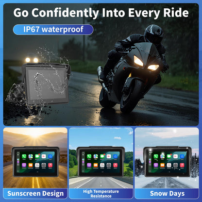 Motorcycle CarPlay Screen 7", Waterproof GPS Display for Motorbike, Wireless CarPlay & Android Auto para Moto, Dual Bluetooth, Touchscreen, Music Sharing Siri (7" Wireless CarPlay) (Dual Camera)